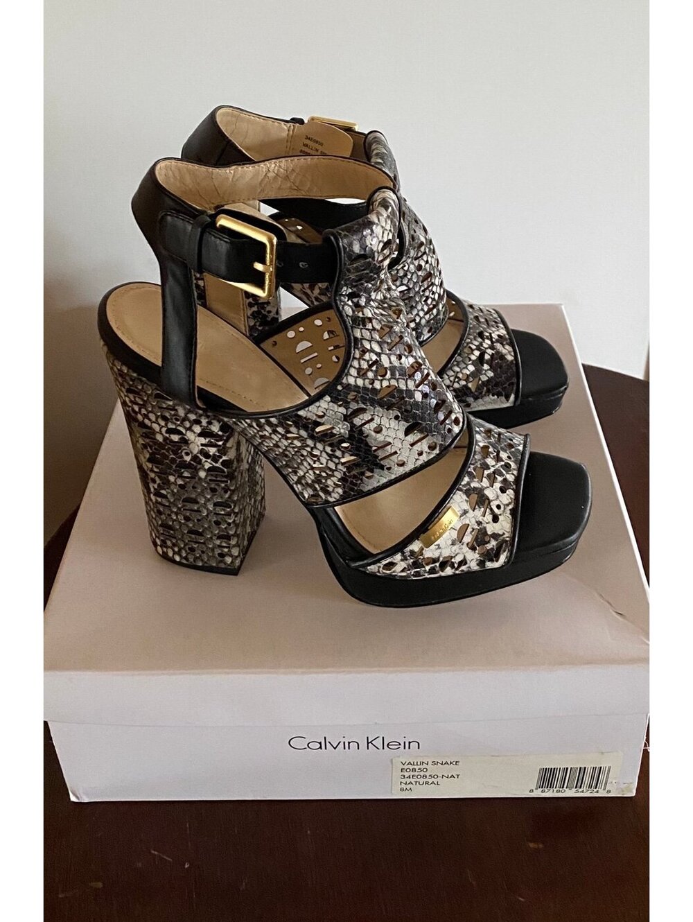 Calvin Klein Vallin Snakeskin Platform Block Heel Sandal Size 8M